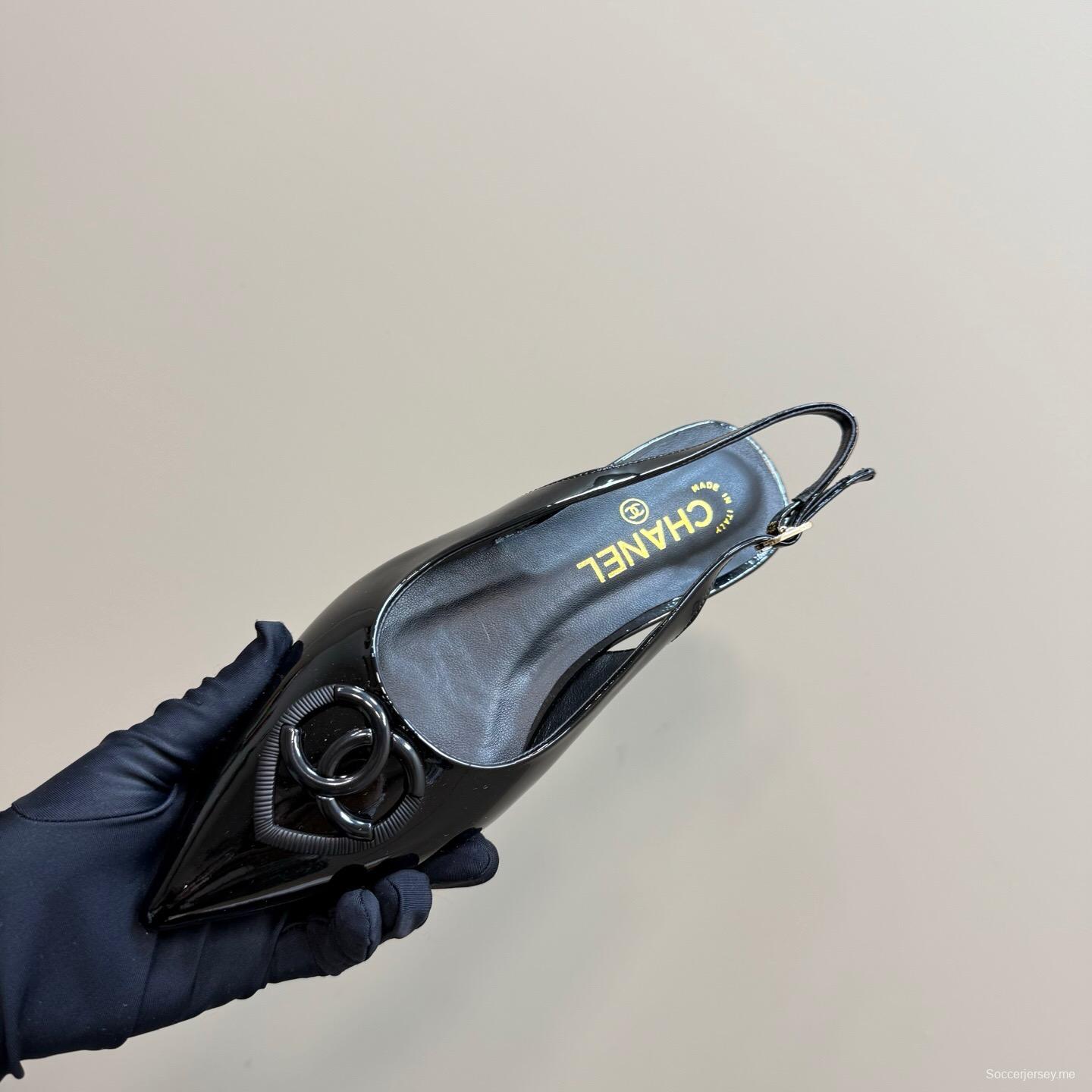 2025 Women Chanel Black Satin Leather Slingback Flats KFY00290