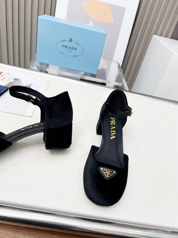 2025 Women Prada Black Velvet Mary Jane Block Heel KFY00270