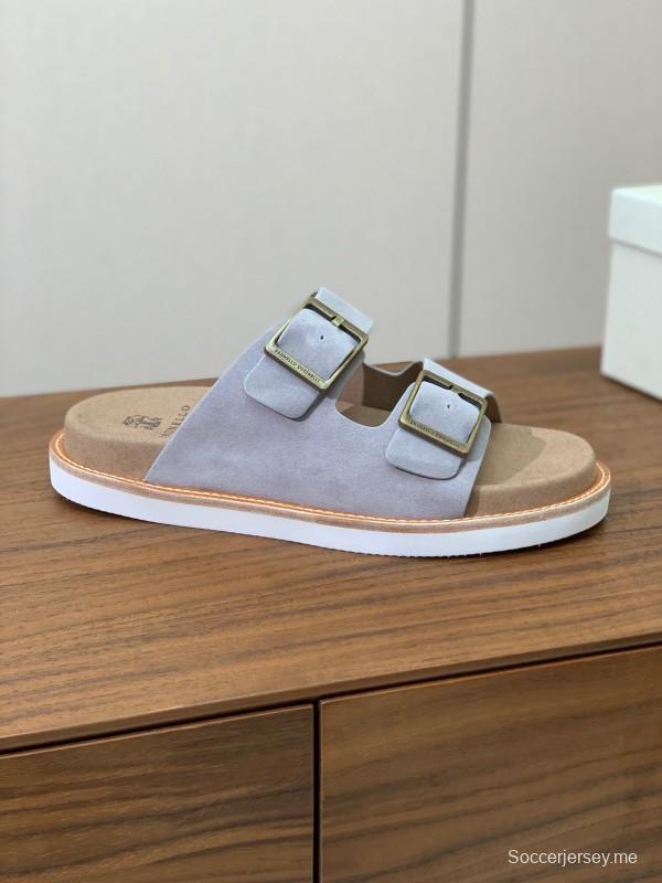 2025 Unisex Brunello Cucinelli Light Grey Suede Casual Sandals With Adjustable Buckles KFY00250