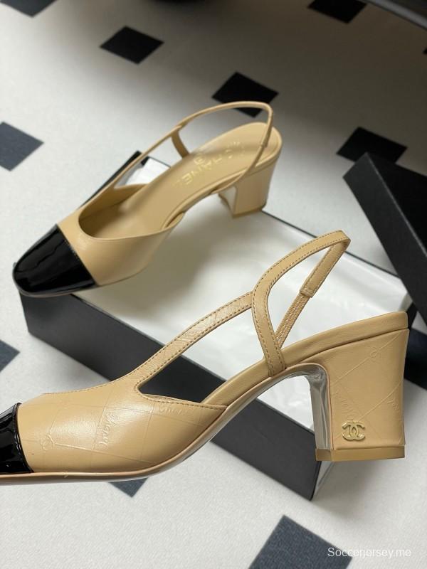 2025 Women Chanel Beige Black Leather Sling-back Classic Heel
