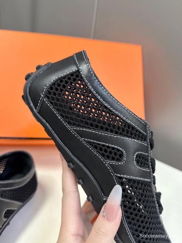 2025 Women Hermès Black Mesh Leather Trainers KFY00250