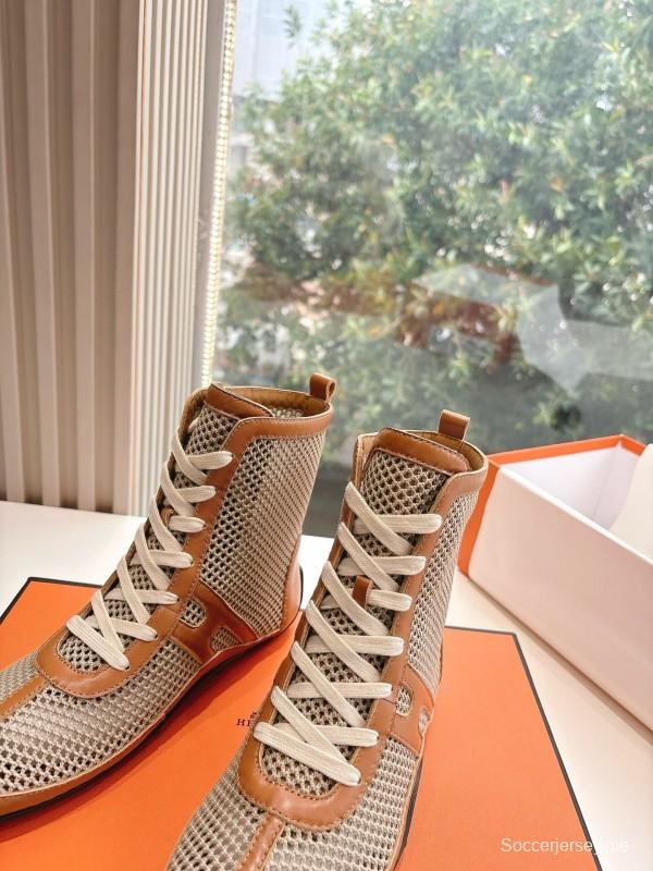 2025 Women Hermès Beige Brown Leather Mesh Boots