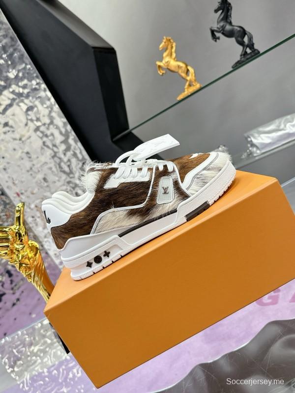 2024 Unisex Louis Vuitton Brown White Leather Calf Hair Plimsolls LV Trainer Maxi MJ00400