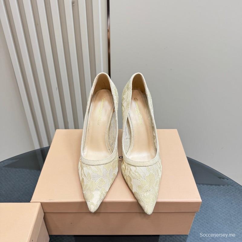 2025 Women Gianvito Rossi Beige Lace Leather High Heels KFY00280