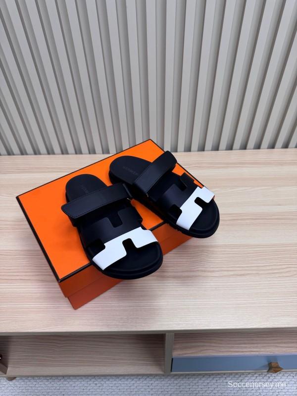 2025 Slippers Hermès Black White Leather Slippers