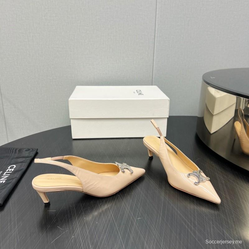 2025 Women Celine Beige Leather Slingback Shoes Metal Buckle