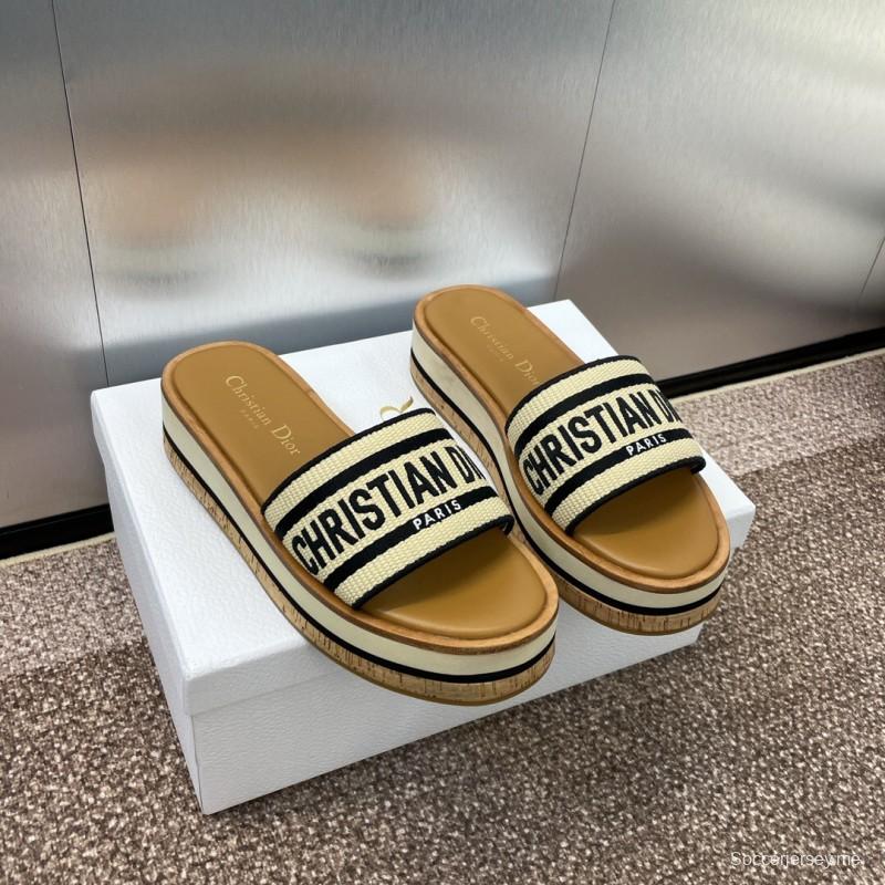 2025 Slippers Dior Beige Black Textile Platform Embroidery