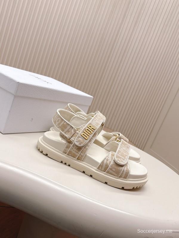 2025 Women Dior Beige Canvas Sandals Magic Tape LY