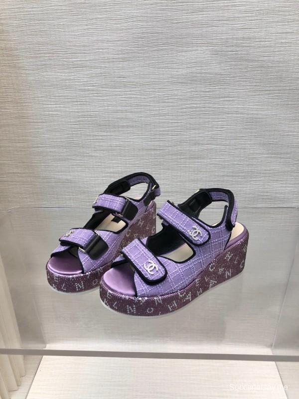 2025 Slippers Chanel Purple Fabric Wedge Sandals