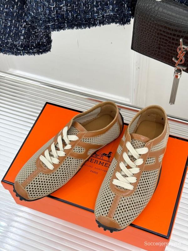 2025 Women Hermès Beige Brown Leather Mesh Casual Shoes