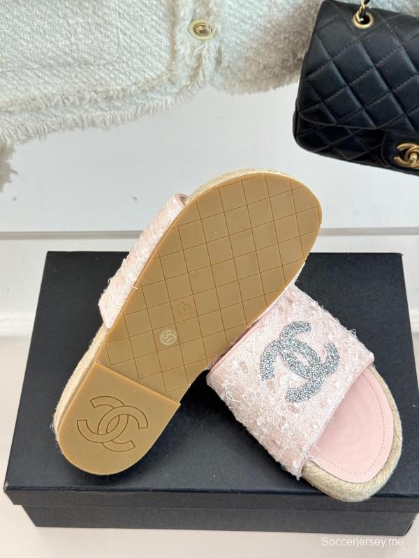 2025 Women Chanel Pink Tweed Espadrille Slide Sandals Handmade Craft KFY00240 (F)