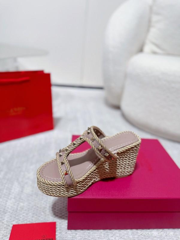 2025 Women Valentino Beige Rope Leather Wedge Sandals LY00290