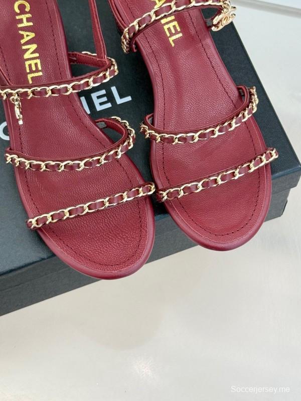 2025 Women Chanel Red Leather Chain Strap Sandals KFY00270