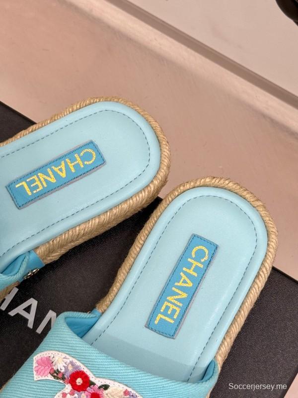 2025 Slippers Chanel Light Blue Fabric Women Embroidered Floral CC Logo KFY00230