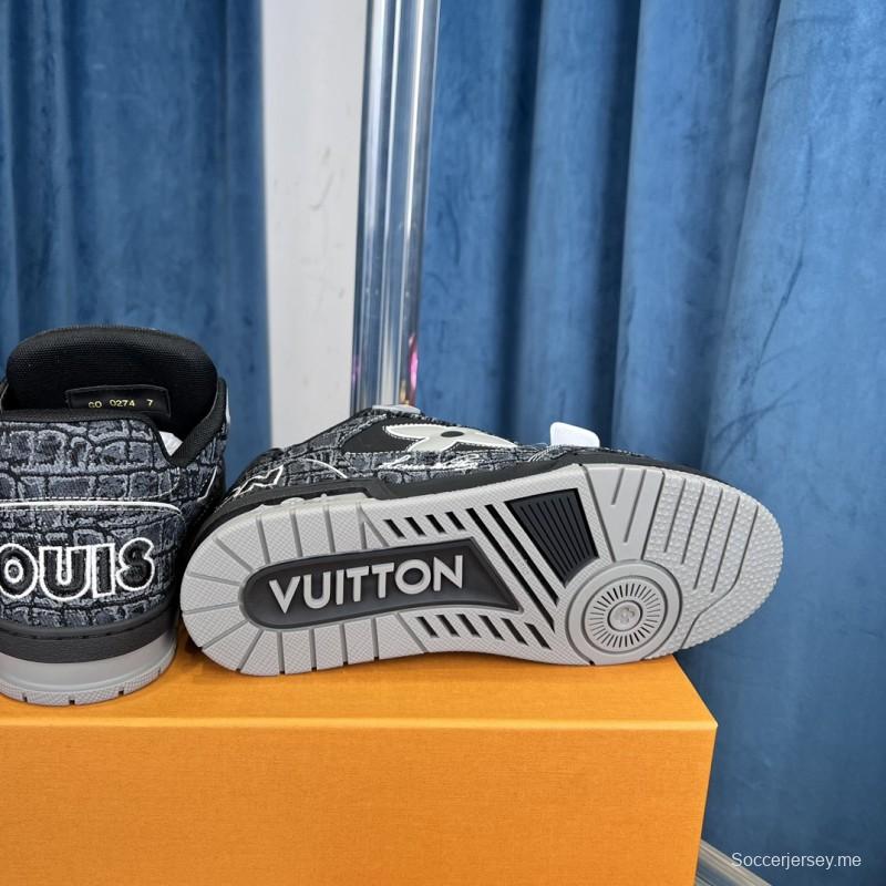 2025 Unisex Louis Vuitton Black Grey Leather Canvas Plimsolls Stitching LV0038