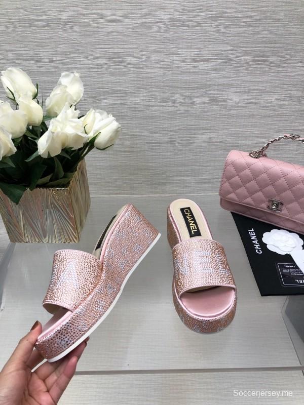 2025 Slippers Chanel Pink Rhinestone Platform Slip-On LY00320