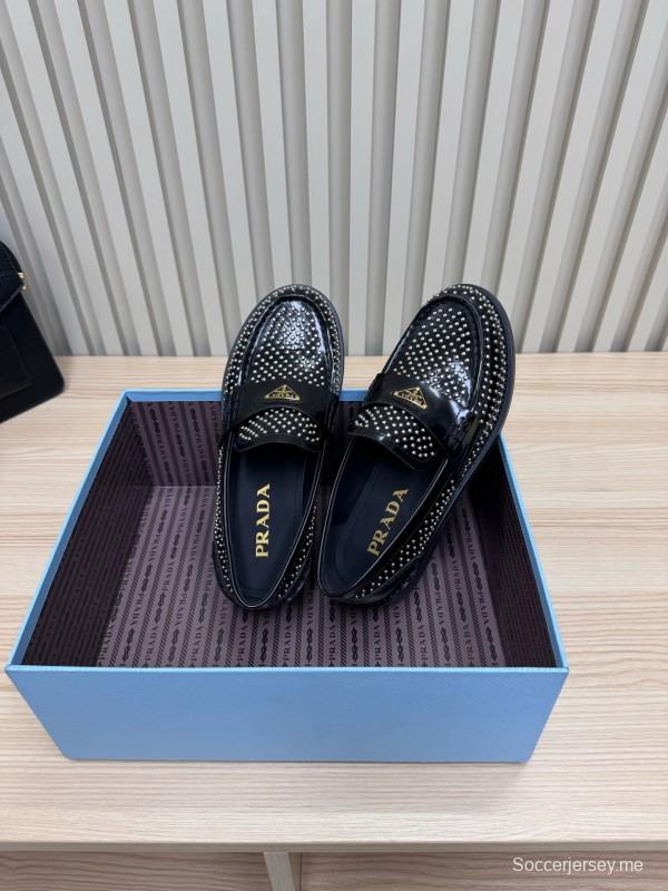2025 Women Prada Black Leather Loafers Studded LY00340