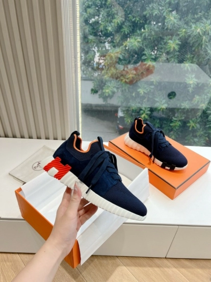2024 Unisex Hermès爱马仕 Navy Orange White Knit Leather Sneakers MJ00290