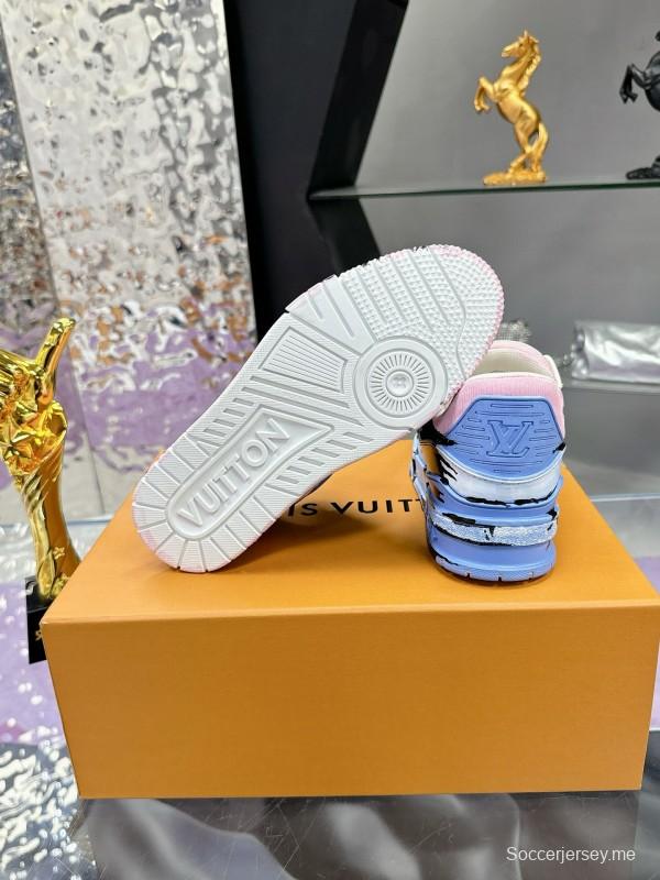 2024 Unisex Louis Vuitton Pink Blue Black Leather Denim Plimsolls Hand-Painted MJ00780