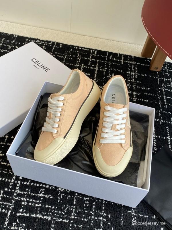 2025 Women Celine Beige Canvas Leather Platform Sneakers