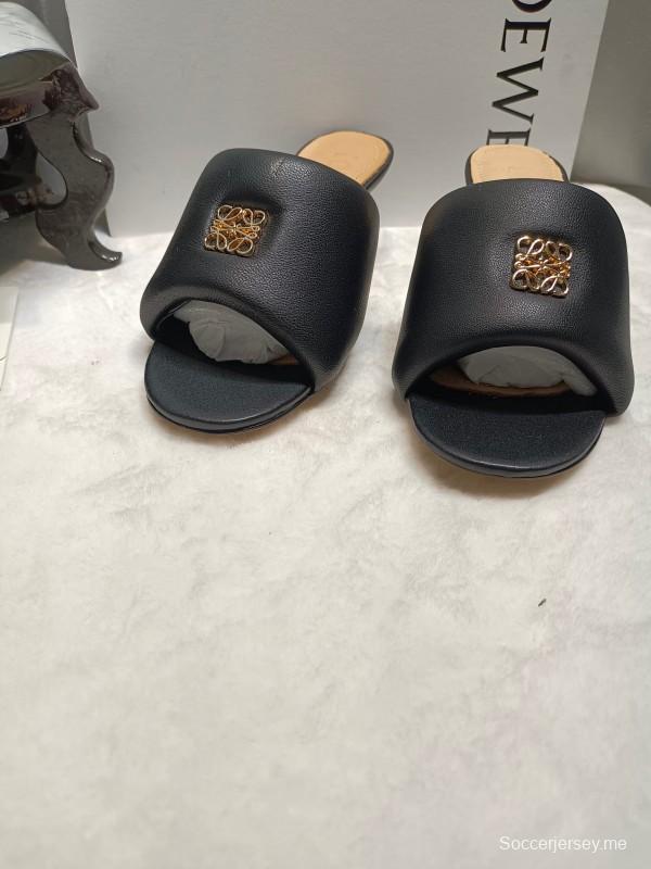 2025 Women Loewe Black Leather Slippers