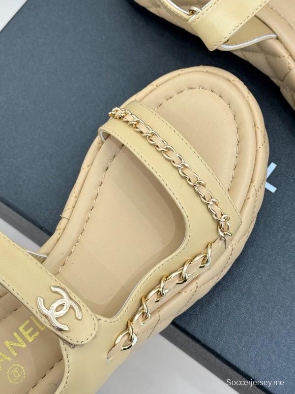 2025 Women Chanel Beige Leather Platform Sandals Chain KFY00270