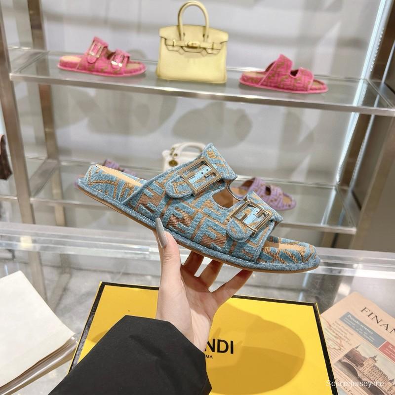 2025 Fendi Blue Beige Jacquard Fabric Slippers Buckle MJ00230