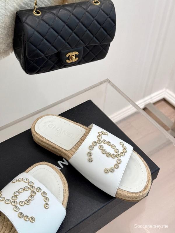 2025 Women Chanel White Leather Slippers Rhinestone KFY00230