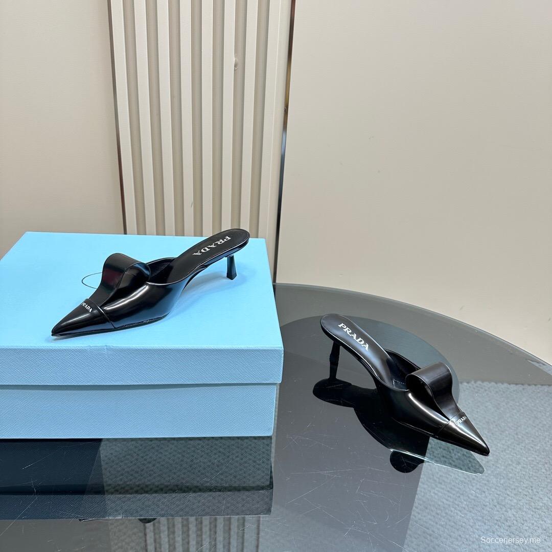 2025 Women Prada Black Leather Mules