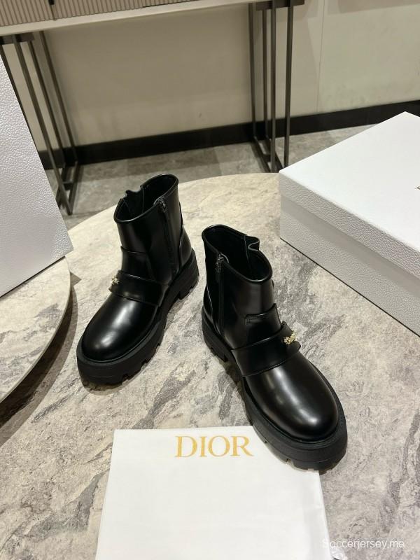 2024 Women Dior Black Leather Ankle Boots Buckle MJ00430