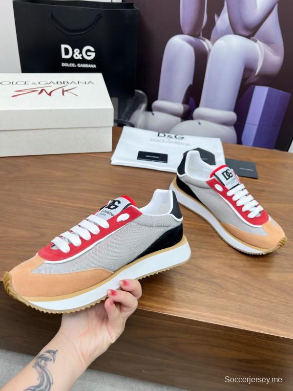 2025 Unisex Dolce & Gabbana Gray Red Beige PU Leather Mesh Sneakers LY00300