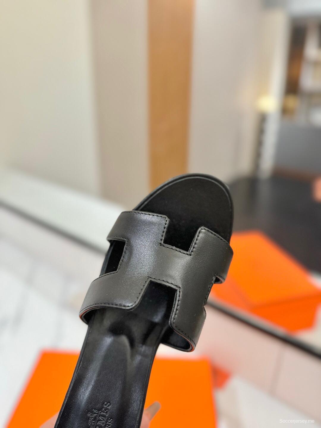 2025 Women Hermès Black Leather Sandals