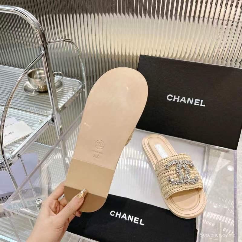 2025 Women Chanel Beige Raffia Crystal Slippers LY00270