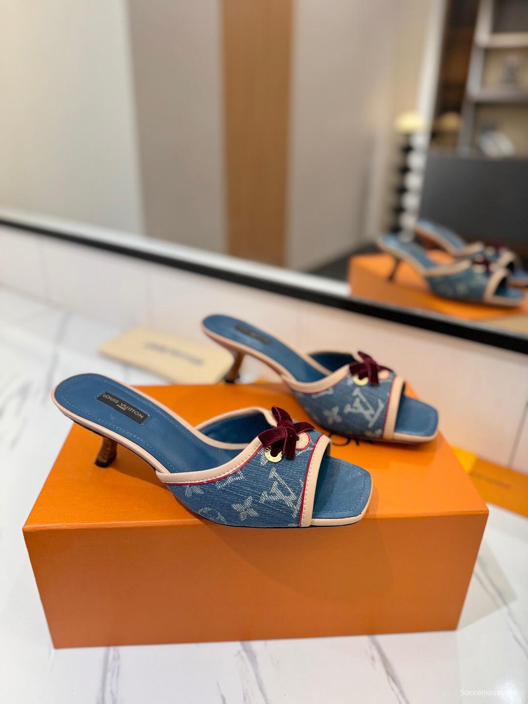 2025 Women Louis Vuitton Blue Denim Leather Sandals KFY00310