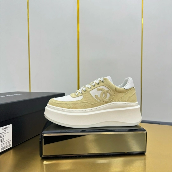 2025 Women Chanel Beige White Canvas Leather Sneakers