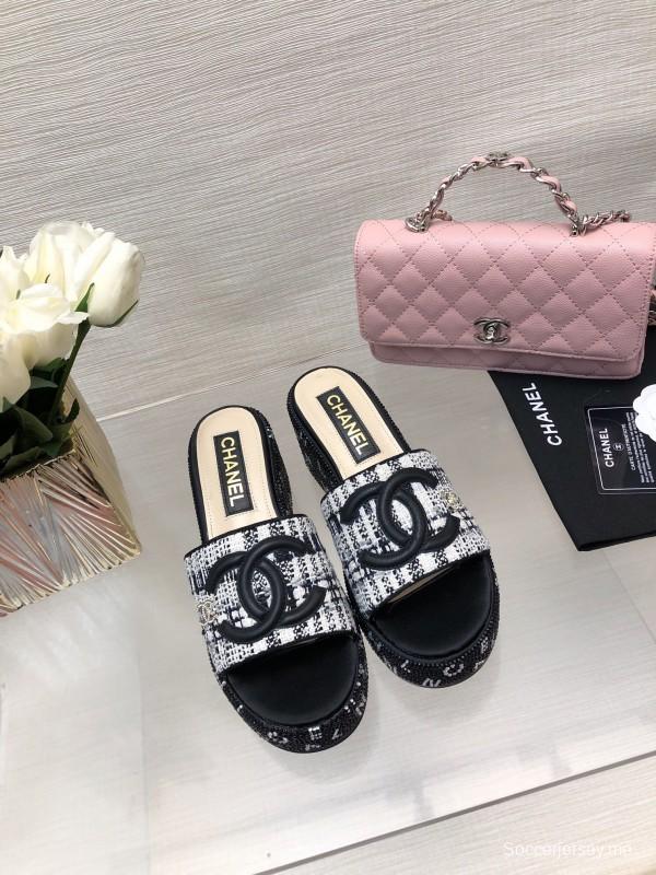 2025 Women Chanel Black White Tweed Platform Sandals LY00320