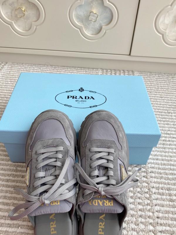 2025 Women Prada Grey Suede Nylon Sneakers LY00290