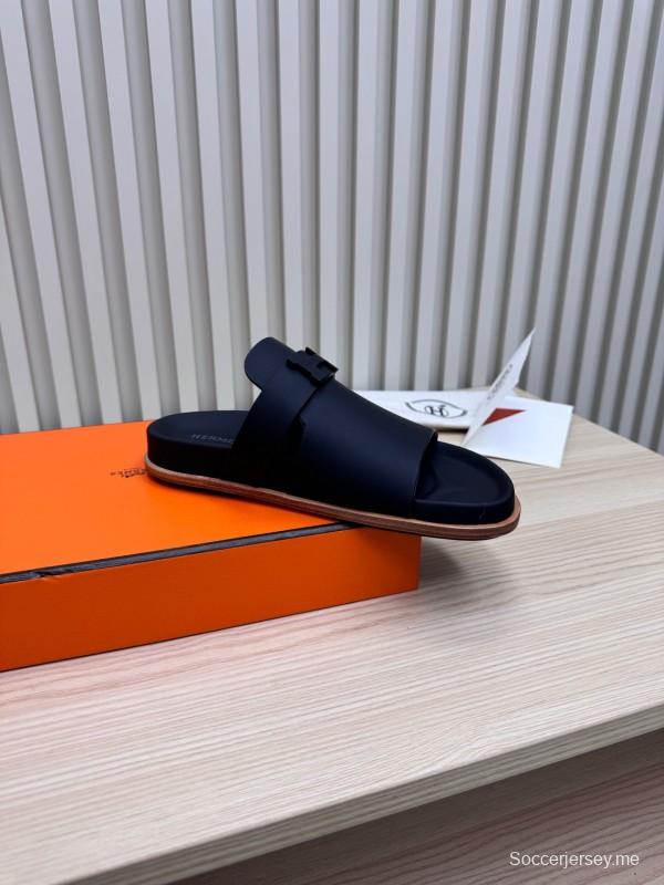 2025 Hermès Black Leather Slippers