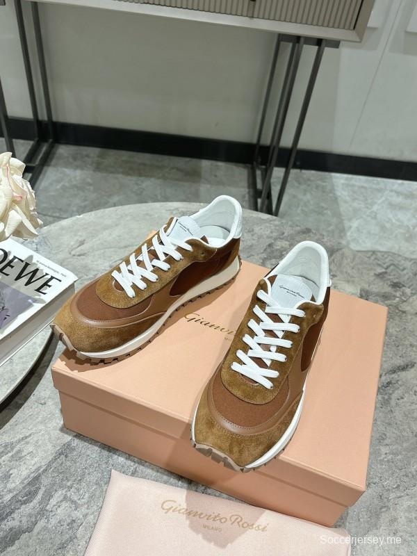 2025 Unisex Gianvito Rossi Brown White Leather Suede Mesh Sneakers KFY00340