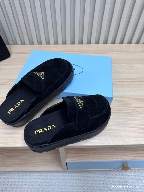 2025 Women Prada Black Suede Loafers Slip-On KFY00280