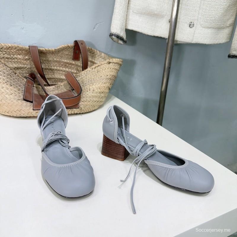 2025 Women LEMAIRE Light Grey Leather Mary Jane Block Heel KFY00300