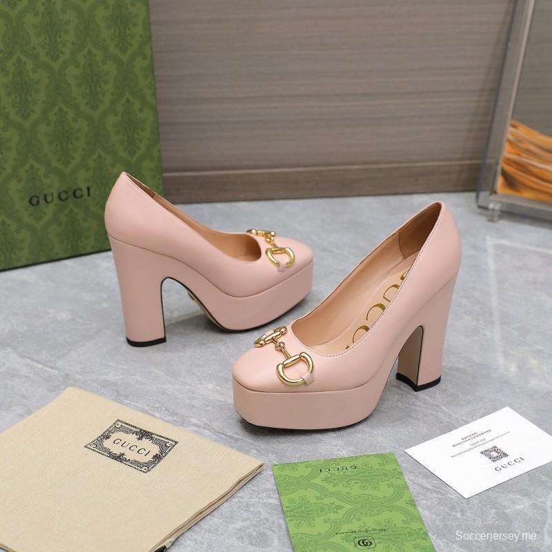 2025 Women Gucci Pink Leather Platform Pumps KFY00320