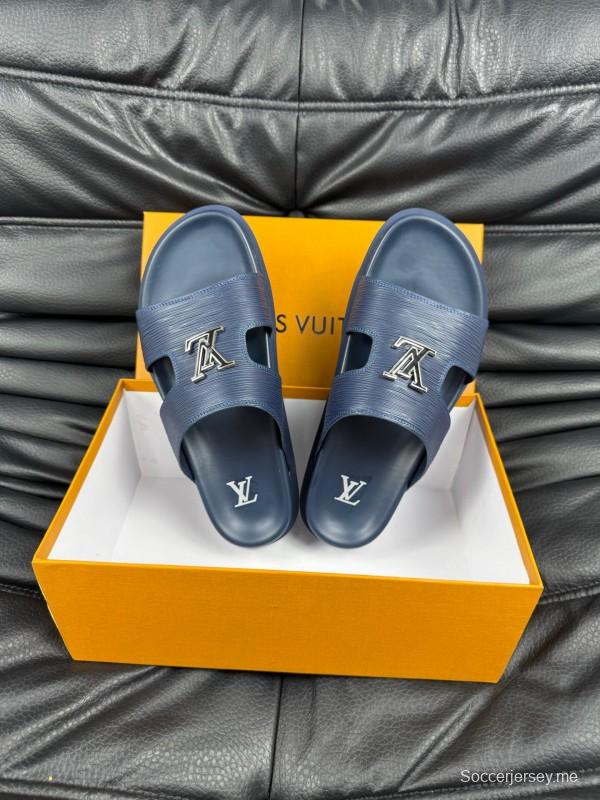 2025 Men Louis Vuitton Blue Leather Slippers AS00170