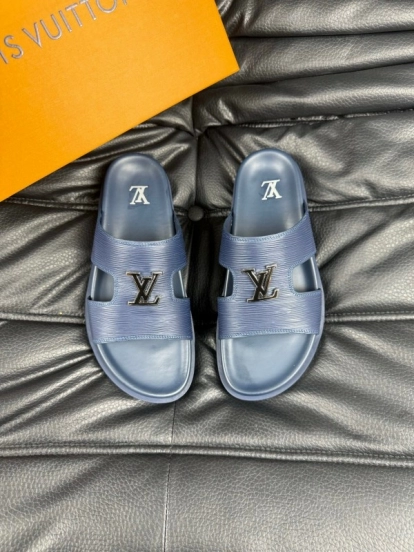 2025 Men Louis Vuitton Blue Leather Slippers AS00170