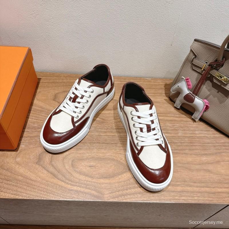 2025 Unisex Hermes Brown White Fabric Leather Sneakers AS00380