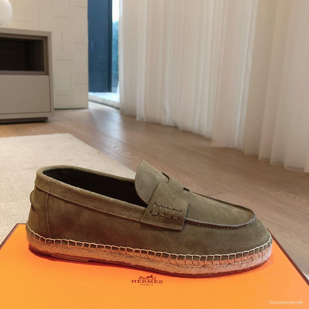 2025 Unisex Hermès Olive Suede Calfskin Loafers AS00380