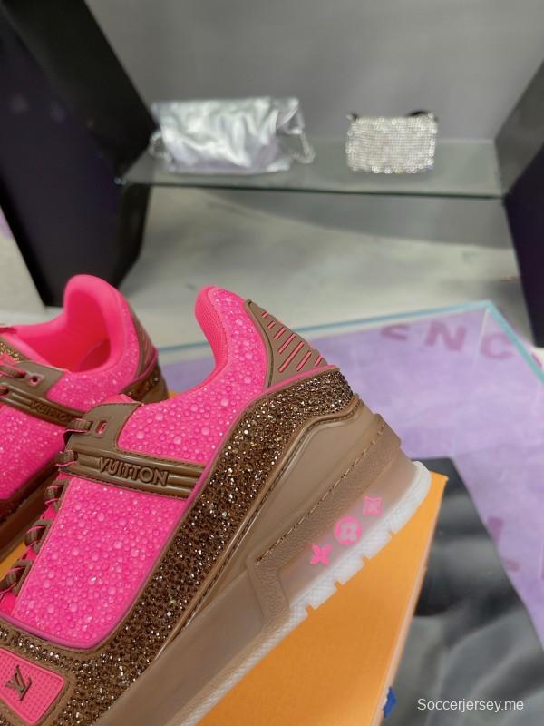 2025 Unisex Louis Vuitton Pink Brown Leather Canvas Plimsolls Handcrafted Crystals AS00400