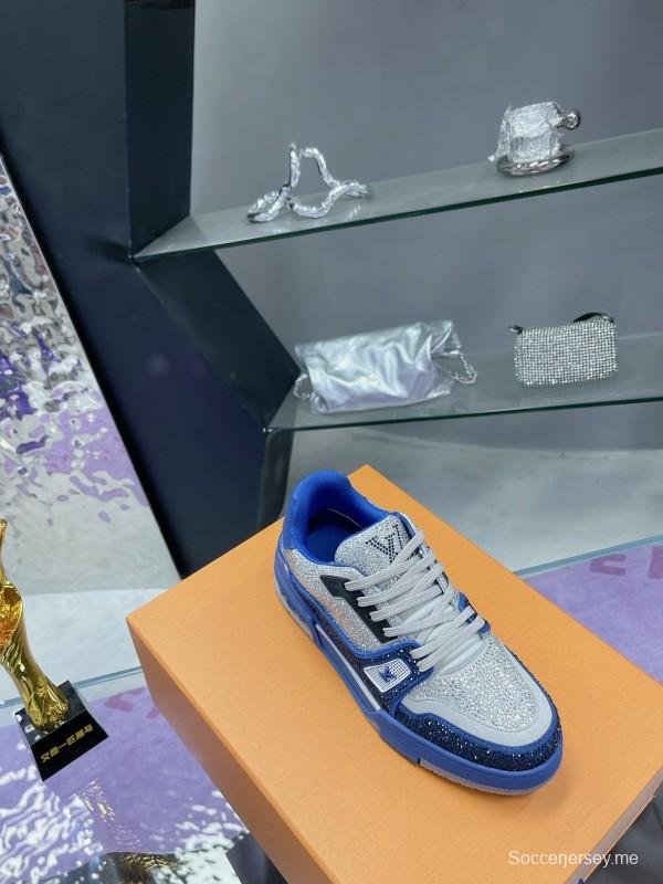 2025 Women Louis Vuitton Blue White Cow Leather Fabric Plimsolls Handcrafted Crystals AS00400