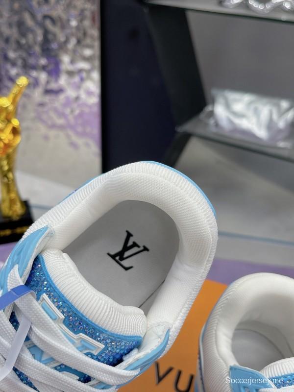 2025 Unisex Louis Vuitton Light Blue White Leather Denim Plimsolls Hand Drilled AS00400