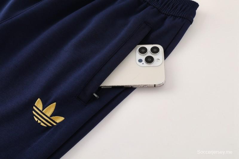 25/26 هودي ريال مدريد بسترة بغطاء أزرق داكن اللون الكحلي بسحاب كامل + بنطال طويل